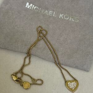 Michael Kors Logo Mini Pave Heart Gold Tone Necklace 16-18 Inches Sits at Collar